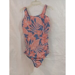 Lands End One Piece Swimsuit Floral Print Blue Coral Size 8